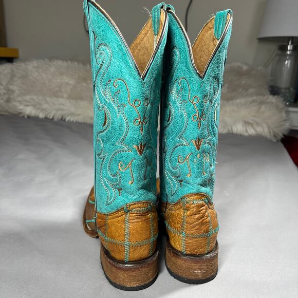 Vtg Circle G Boots Womens Sz 8.5M Western Square Toe Turquoise & Brown Cowgirl - Picture 7 of 16